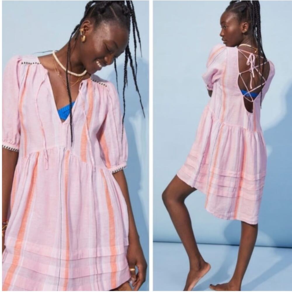 Lemlem x H&M Pink Striped Linen Mini Dress Size Small Boho Summer Dress